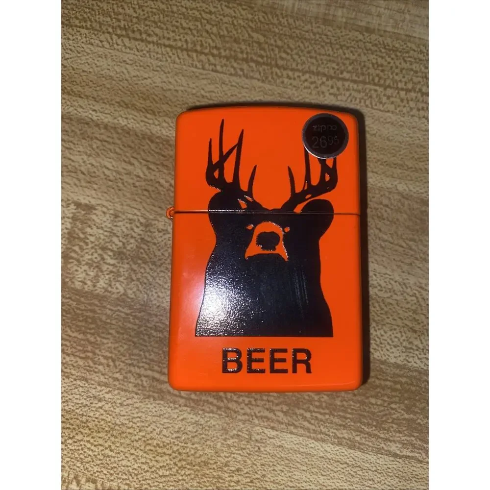 New In Box Zippo Lighter Beer (Bear With Deer Antlers) Orange & Black